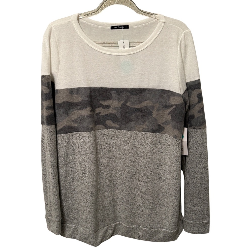 Pink Clover Women Camo Colorblock Long Sleeve Top White Grey New With Tags Large